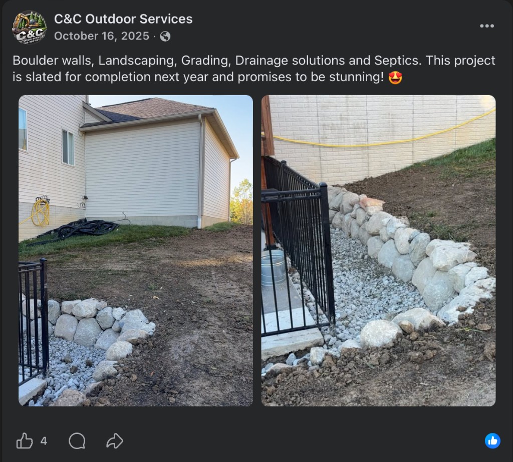 Boulder retaining wall project by C&C Outdoor Services